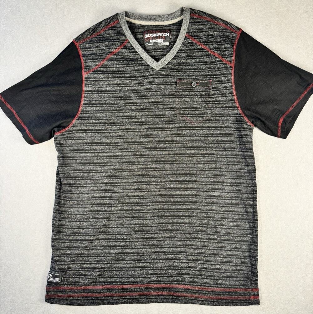Mens Distortion Black Striped V Neck Front Pocket Short Sleeve Shirt XL